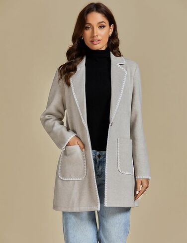 luvamia Pea Coats for Women Trendy Embroidered Contrast Trim Long Peacoat Jackets Lapel Button Winter Coat with Pockets in Kuwait