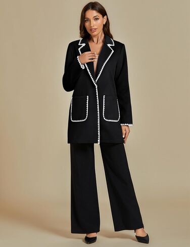 luvamia Pea Coats for Women Trendy Embroidered Contrast Trim Long Peacoat Jackets Lapel Button Winter Coat with Pockets in Kuwait