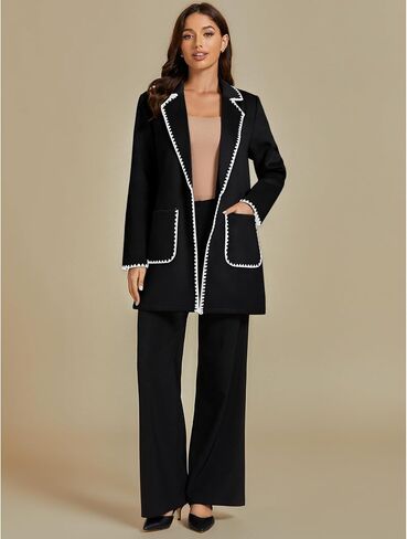 luvamia Pea Coats for Women Trendy Embroidered Contrast Trim Long Peacoat Jackets Lapel Button Winter Coat with Pockets in Kuwait