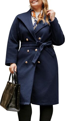 Hanna Nikole Women's Plus Size Winter Wool Coat Double Breasted Peacoats with Belt Notch Lapel Mid-Long Trench Coats 2024 in Saudi Arabia