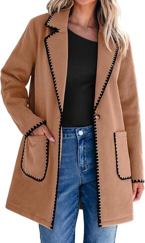 Luvamia البازلاء معاطف للنساء العصرية المطرزة التباين تقليم طويل Peacoat جاكيتات التلبيب زر معطف الشتاء مع جيوب in Kuwait