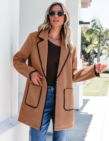 Luvamia البازلاء معاطف للنساء العصرية المطرزة التباين تقليم طويل Peacoat جاكيتات التلبيب زر معطف الشتاء مع جيوب in Kuwait