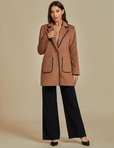 Luvamia البازلاء معاطف للنساء العصرية المطرزة التباين تقليم طويل Peacoat جاكيتات التلبيب زر معطف الشتاء مع جيوب in Kuwait