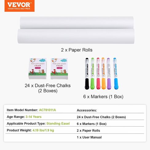 VEVOR Easel Accessory Set, 32 PCS Kid's Art Easel Painting Kit Including Chalks, Dry-Erase Markers & Paper Rolls, Supplies Set for Standing Art Easel, Painting Accessories for Toddlers Boys and Girls in Saudi Arabia