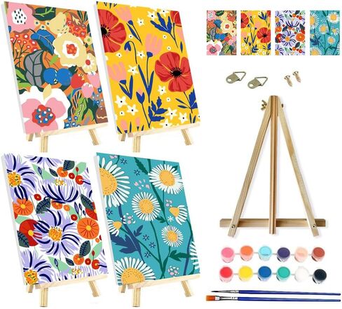 SupaDiya مؤطرة مع حامل 4 عبوات طلاء يدوي بالأرقام، مجموعة من الألوان المائية من الأكريليك سهلة الرسم على القماش على القماش مع حامل لديكور جدار المنزل والهدايا, 7.8x11.8inch in Kuwait