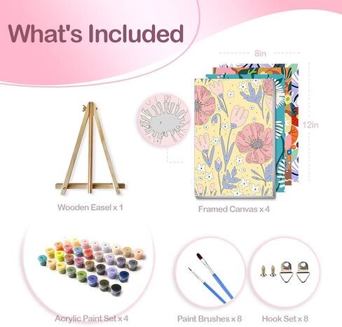 SupaDiya مؤطرة مع حامل 4 عبوات طلاء يدوي بالأرقام، مجموعة من الألوان المائية من الأكريليك سهلة الرسم على القماش على القماش مع حامل لديكور جدار المنزل والهدايا, 7.8x11.8inch in Kuwait