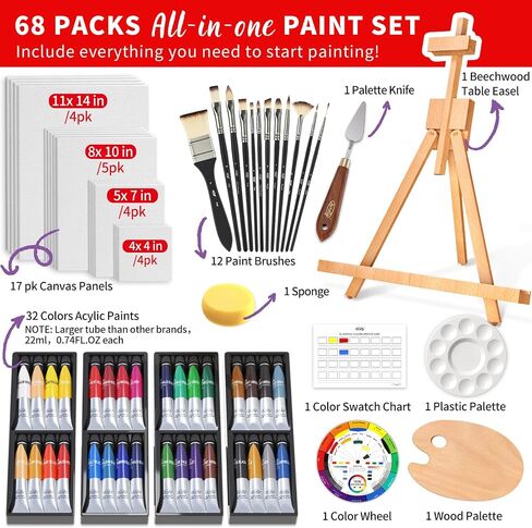ARTALLY Acrylic Paint Set for Adults & Kids, 62 Pcs Canvas Painting Kits, 32 Colors Acrylic Paint (22ML),Table Easel,Brushes,Canvas, Art Painting Supplies Kit for Students,Artists,Beginners in Kuwait