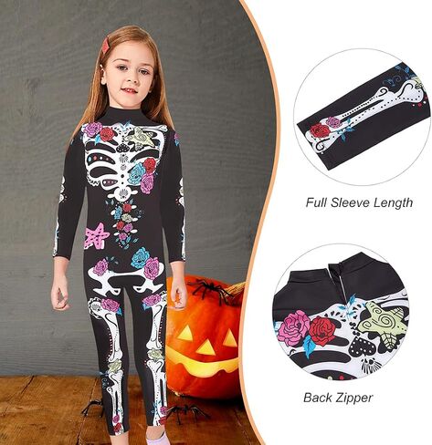 RAISEVERN Girls Skeleton Costume Kids Halloween Cosplay Jumpsuit Bodysuit 3D Graphic Costumes Size 5-14 Years in Saudi Arabia