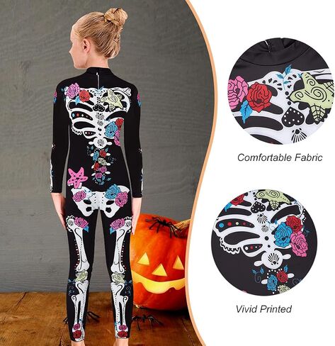RAISEVERN Girls Skeleton Costume Kids Halloween Cosplay Jumpsuit Bodysuit 3D Graphic Costumes Size 5-14 Years in Saudi Arabia