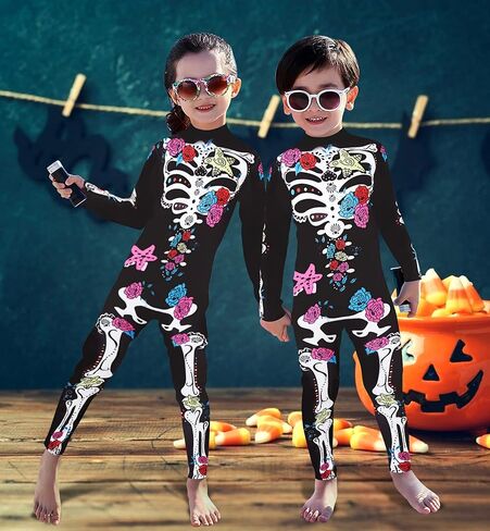 RAISEVERN Girls Skeleton Costume Kids Halloween Cosplay Jumpsuit Bodysuit 3D Graphic Costumes Size 5-14 Years in Saudi Arabia