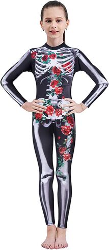 RAISEVERN Girls Skeleton Costume Kids Halloween Cosplay Jumpsuit Bodysuit 3D Graphic Costumes Size 5-14 Years in Saudi Arabia