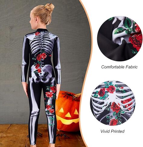 RAISEVERN Girls Skeleton Costume Kids Halloween Cosplay Jumpsuit Bodysuit 3D Graphic Costumes Size 5-14 Years in Saudi Arabia