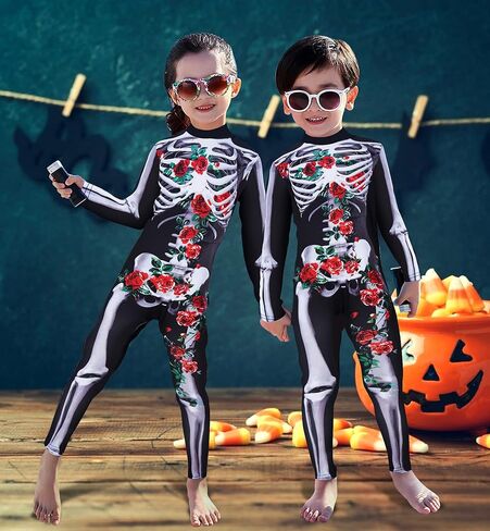 RAISEVERN Girls Skeleton Costume Kids Halloween Cosplay Jumpsuit Bodysuit 3D Graphic Costumes Size 5-14 Years in Saudi Arabia