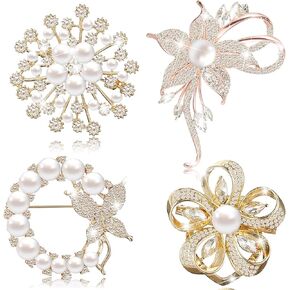 Yadiana Brooches and Pins for Women, 4 Pcs Simulated Pearl Rhinestone Crystal Brooch Pins Stylish Women's Flower Brooches Pins Bulk, Elegant Clothing Accessory Pins for Women Fashion