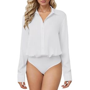 Sexyasasii Button Down Bodysuits for Women Long Sleeve Collared Shirt Solid Office Work Business Casual Satin Blouse Tops