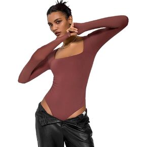 Avidlove Bodysuits for Women Sexy Long Sleeve Bodysuit Square Neck Double Lined Ruched Snap Closure Bodysuit Tops
