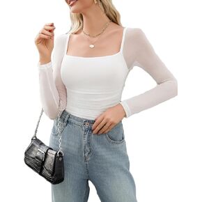 Avidlove Women's Square Neck Mesh Long Sleeve Bodysuit Shirts Ruched Body Suit Sexy Sheer Tops Date Night Outfit