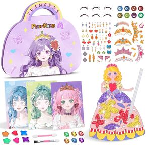 PERRYHOME DIY Paper Art Craft Kits-3 in 1 Princess Dress Up Game Set with Diamond Painting Kits and Princess Fantasy Makeup Kit & Dress Up Sticker Book,Birthday Gifts for Girls Ages 4-8.
