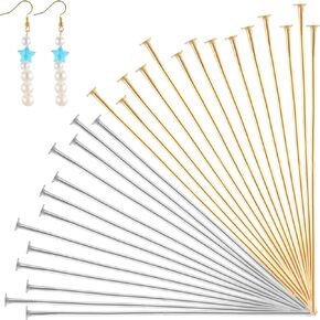 500pcs Flat Head Pins, 2 Inch Long Straight Eye Pins for Jewelry Making 0.7mm Metal Beading Pin for DIY Craft Earring Bracelet Necklace Pendant Supplies (Gold, Silver)