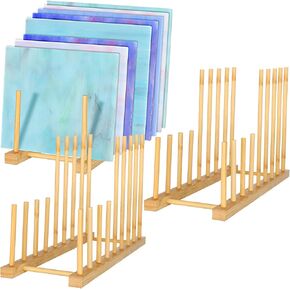 3Pack Stained Glass Organizer Bamboo Dish Plate Rack Wooden Dish Plate Stand Stained Glass Holder Space Saving Bamboo Drying Rack Baby Bottle Drying Rack, 8 Slots Organizer