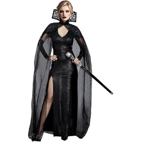 L'VOW Black Long Tulle Cape Vampire Cloak with Stand-up Collar Gothic Cape for Witch Costume Halloween Women