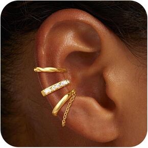 Gold Ear Cuffs Non Piercing: 14K Gold Plated/Silver Cuff Earrings for Women Trendy Chain Cubic Zirconia Cartilage Clip on Earrings Fake Earring Cuffs Set Hypoallergenic Jewelry for Women