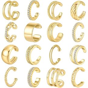 WAINIS 16PCS Ear Cuff Earrings for Women Non Piercing Gold Silver Ear Cuffs 14k Gold Tone Clip On Cartilage Earrings Lightweight Fake Earrings Set