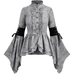 Rosegal Victorian Blouse Gothic Lolita Shirt Flare Sleeves Lotus Ruffle Tie Dye Top Women Medieval Renaissance Pirate Shirt