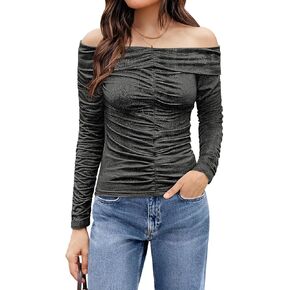 MIHOLL Womens Trendy Long Sleeve Tops Sexy Off The Shoulder Shirts Tight Fitted Ruched Going Out Blouses