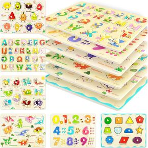Wooden Peg Puzzle for Toddlers, 6 Pcs Wooden Puzzles for Toddlers 1-3, Baby Puzzle, ABC Puzzle, Alphabet Puzzle, Shape Puzzle, Number Puzzle, Fruit Puzzle, Dinosaur Puzzle, Insect Puzzle