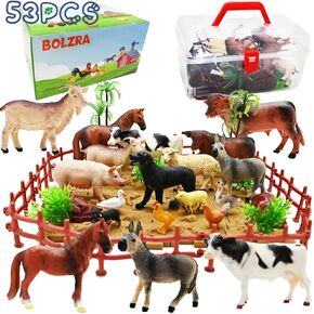 Farm Animals Figurines Toys, 53PCS Realistic Plastic Farm Playset with Fences Soil Building Blocks, Farm Figures Learning Educational Toys for Boys Girls, Toddlers Cupcake Topper Birthday Set