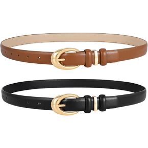 LEACOOLKEY 2 Pack Women Leather Belts for Jeans Dress Fashion Skinny Belt with Gold Silver Buckle