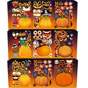 Aowplc 48 Halloween Make-a-Face Sticker Sheets for Kids - 16 Unique Designs, Mix & Match for Party Favors, Crafts, Goodie Bags Stuffers, Classroom Activities, and Holiday Games