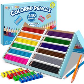 240 Count Colored Pencils Bulk for Classrrom, Color Pencils for Kids in 12 Vibrant Colors, Pre-sharpened Coloring Pencils Set Plus 24 Sharpeners, Bulk Pack Colored Pencils for Back to School Supplies