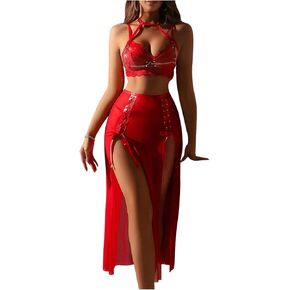 SHENHE Women's 4 Piece Gothic Lingerie Set Harness Chain Lace Bra and Thong with Mesh Slit Skirt