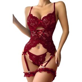 Lilosy Sexy Criss Cross Lace Up Underwire Garter Belt Lingerie Set