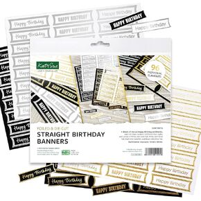 Katy Sue Foiled Birthday Straight & Wavy Banners Selection Set - 192 Gold & Silver Foil Detailed Die Cut Happy Birthday Sentiment Banners for Birthday Card Making