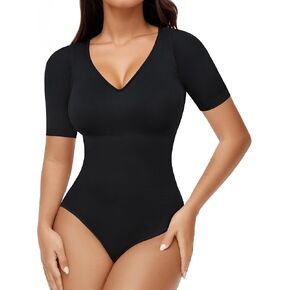 Eleady Short Sleeves Bodysuits for Women V Neck Bodysuit Shapewear Tummy Control Ribbed
