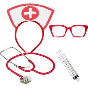 Halloween Costume Accessory, 4Pcs Nurse Costume Set Nurse Hat Headband Stethoscope and Glasses Set Sexy Halloween Role Play Party Fancy Dress