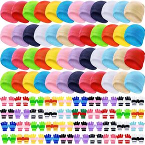 Chuarry 144Pcs/72Set Winter Beanie and Gloves Bulk Kids Knit Hat Gloves Pack Unisex Cold Weather Cap for Boys Girls Gift