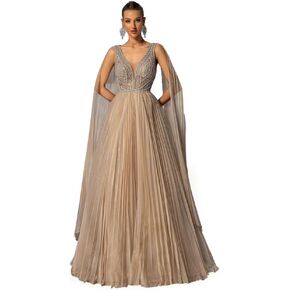 Women's Elegant Hand-Beaded V Neck Maxi Prom Dress Pleated Multi-Layered Mesh Formal Evening Gown