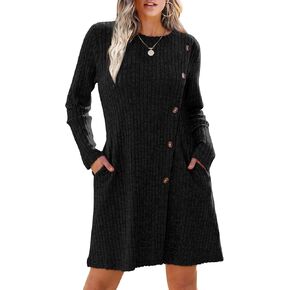 Saloogoe Long Sleeve Dress for Women Tunic Sweater Dresses with Pockets Fashion 2024 Buttons Side