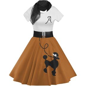 ZEZCLO Women's Retro Poodle Print Skater Dress Vintage High Waist Rockabilly Swing Tee Cocktail Halloween Party Dresses