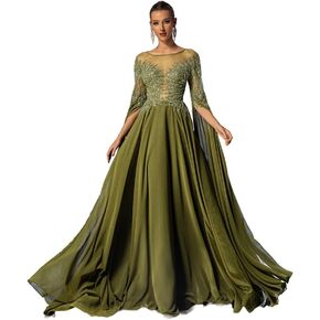 Women's Round Neck Tulle Prom Maxi Dress with Beaded Long Sleeve Evening Gown