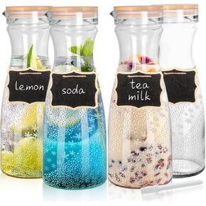 مجموعة من 2 إبريق زجاجي مع غطاءين، مجموعة إبريق مشروبات سعة 40 أونصة لبار الميموزا، إبريق ماء سعة 1 لتر، إبريق عصير للغداء والماء البارد والحليب والشاي المثلج وعصير الليمون - علامتان سبورة خشبية in Kuwait