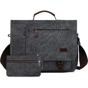 Vintage Messenger Bag, Leather Waxed Canvas Briefcase Large Satchel Shoulder Bag Rugged Computer 15.6" Laptop Bag(Black)