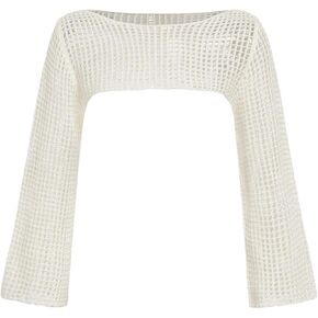 SHENHE Girl's Hollow Out Crochet Knit Sweater Boat Neck Sheer Shrug Crop Sweater Cover Up