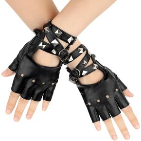 Leather Punk Gloves Fingerless Gloves for Women, PU Faux Leather Outdoor Sport Half Finger Glove Cosplay Gloves Gothic Gloves Fingerless Driving Gloves for Driving Motorcycle Bike