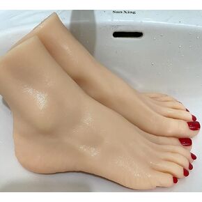 New 1 Pair Lifesize Silicone Female Mannequin Foot Display Jewerly Sandal Shoe Sock Display Art Sketch with Red Nail (Nail Art Practice, Jewelry, Footwear Display, etc.)