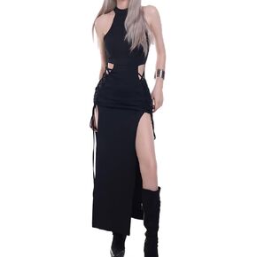 Women's High Split Mock Neck Goth Dress, Hollow Out Side Crisscross Sleeveless Bodycon Rave Party Festival Outfits